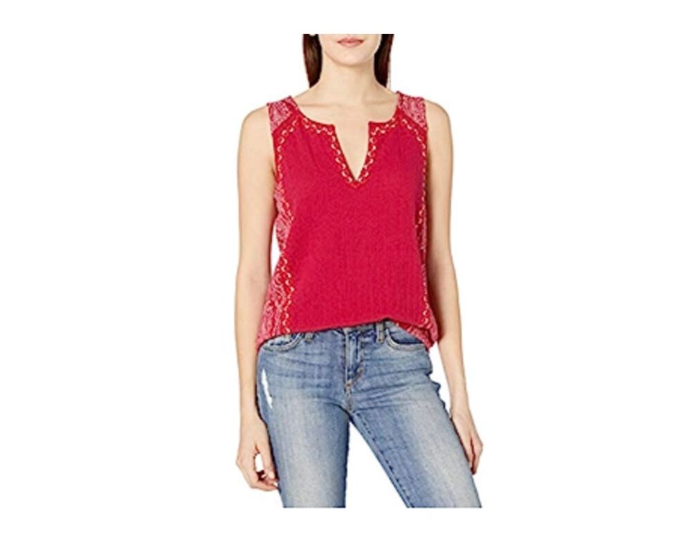 Lucky Brand Embroidered Woven Mix Sleeveless High/Low Top Sz L
